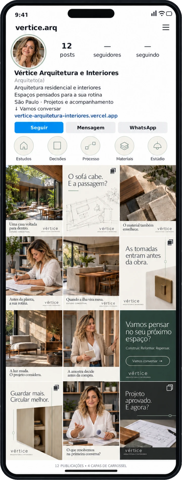 Prévia do perfil de Vértice — Arquitetura e Interiores no Instagram, no celular: bio, destaques e a grade de posts.